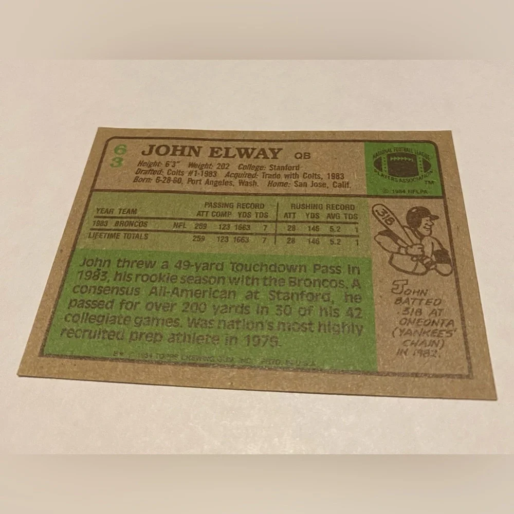 John Elway 1984 RC Rookie Topps Football Card # 63 Denver Broncos QB Vintage